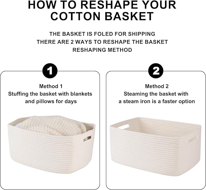 Large Storage Basket for Organizing, Woven Rope Basket for Shelves, Closet Organizer Bins for Clothes, Blanket, Toys, Baby Nursery Storage, 17.7" x 13" x 7.87", 2 Packs White