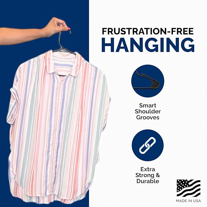 Closetselect Plastic Hangers 50 Pack - Space Saving Clothes Hangers, Made in USA, Durable & Strong Plastic Shirt & Coat Hanger with Notches & Shoulder Grooves, Non-Slip Clothing Hangers | Black