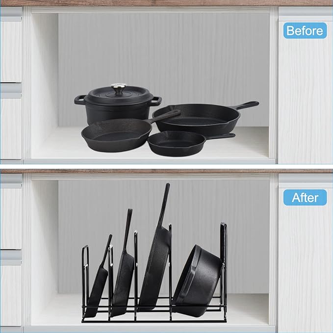 Toplife Heavy Duty Pan Organizer, 5 Tier Pot and Pan Organizer Rack for Cast Iron Skillets, Griddles and Pots - Sturdy Steel Construction- No Assembly Required - Black