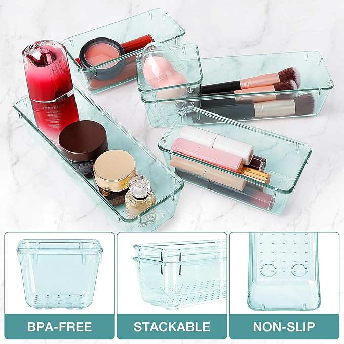 StorMiracle 13 PCS Drawer Organizer Set, 5 Varied Size Bathroom and kitchen Drawer cabinet organizer Trays, Clear Storage Bins for Makeup, Jewelry, Utensils and Gadgets