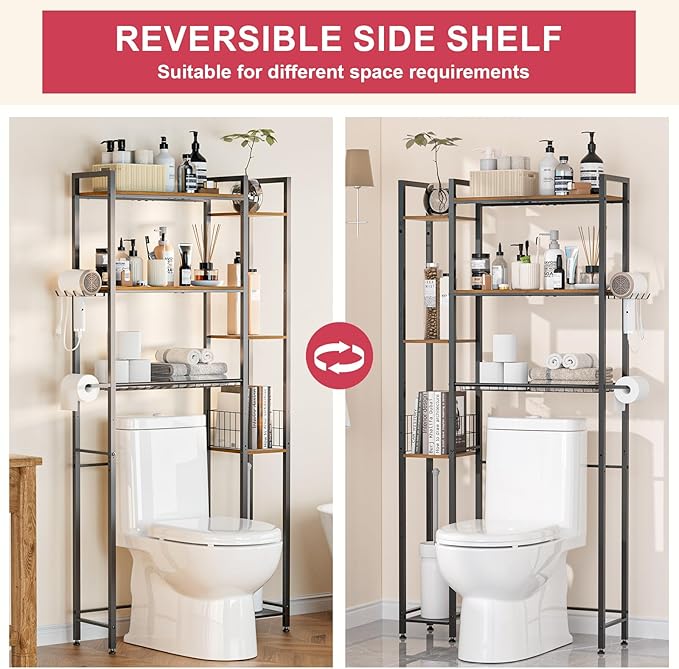 Over The Toilet Storage with Wooden Shelves and Side Rack, 7-Tier Metal Over Toilet Bathroom Organizer Freestanding Storage Shelf for Toilet Paper, Towels, Toiletries, Ideal for Small Bathroom