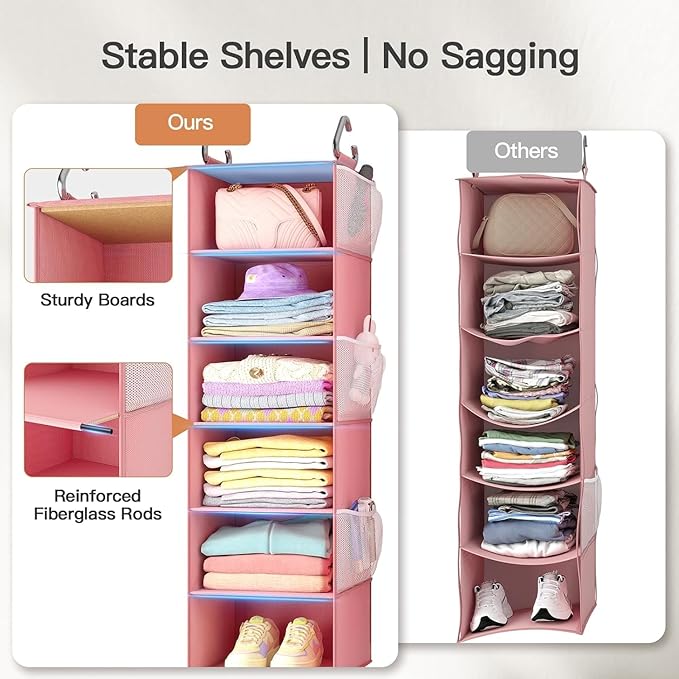 Pipishell Hanging Closet Organizer 6-Shelf, Hanging Shelves for Closet with 3 Removable Drawers & Side Pockets for Bedroom, Garment Rack and Wardrobe Organization, 12' x 12' x 43.3', Pink