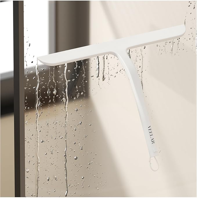 Shower Squeegee for Shower Glass, Bathroom Glass Cleaning Tool with Hook Mount, Squeegee for Glass Doors, Window Cleaning, Tile Shower Walls (White)