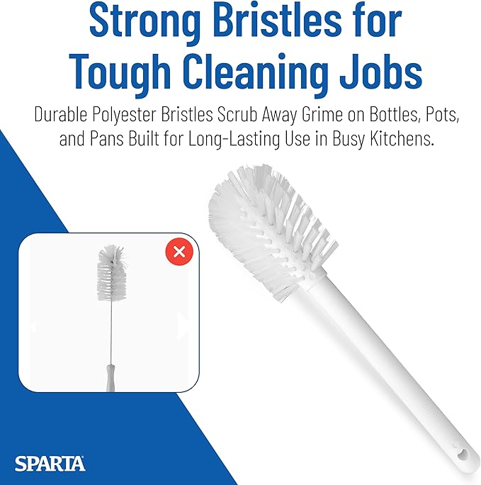 SPARTA Large Water Bottle Brush Ideal for Wide-Mouth Jars, Bottles and Tumblers, Dishwashing Tool with Handle for Home and Commercial Kitchens, Plastic, 12 Inches, White