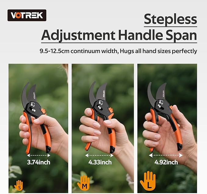 VOTREK® Pruning Shears, [Patented Stepless Handle Opening] - Garden Clippers with Ultra-Sharp SK5 Steel for Weak Hand, Pruners Universal Fit for All Hand Sizes, Effortlessly Cuts 1-Inch Branches