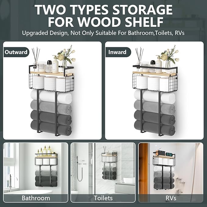 Xstydes Towel Racks for Bathroom, Metal Towel Holder with Storage Basket,Wall Towel Rack for Rolled Towels, Towel Storage for Small Bathroom.