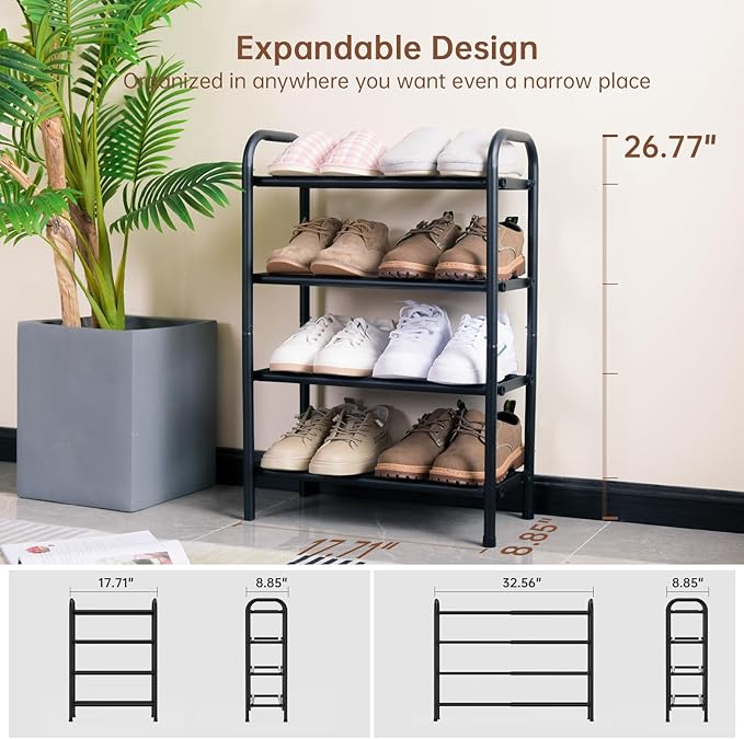 Gonfoam 4-Tier Expandable Shoe Rack,Adjustable Shoe Shelf Storage Organizer Heavy Duty Metal Free Standing Shoe Rack for Entryway Closet Doorway (Black)