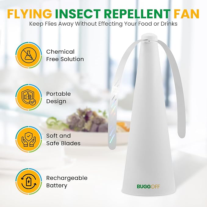 BUGGOFF White Fly & Flying Insect Repellent Fan with Twin Blades, Table top & Hangable, Battery Powered, USB C Chargable with Cable Included. Safe Blades with Auto Stop. (4 Pack)