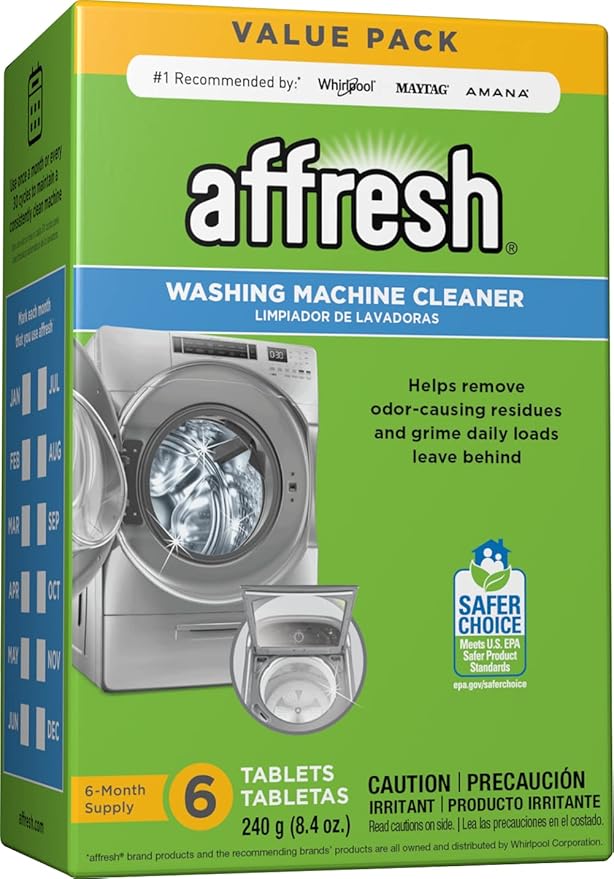 Whirlpool 63580 Liquid Fabric Softener Dispenser, White & Affresh Washing Machine Cleaner, Cleans Front Load and Top Load Washers, Including HE, 6 Tablets