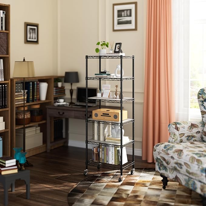 Golpart Small 6 Tier Shelves Storage Wire Shelving Unit Metal Shelf Adjustable Organizers Storage Shelving with Wheels for Bathroom Laundry Room Kitchen Pantry12”D x 18”W x 61.6”H Black
