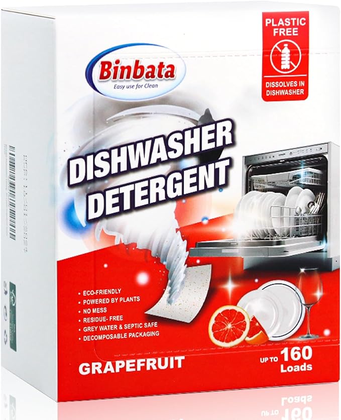 Binbata Eco Dishwasher Detergent Sheets Up To 160 Loads, Grapefruit Scent Plastic Free Dishwashing Soap Strips With High Efficient Solid Enzyme, Leaving Dishes Sparkling Clean