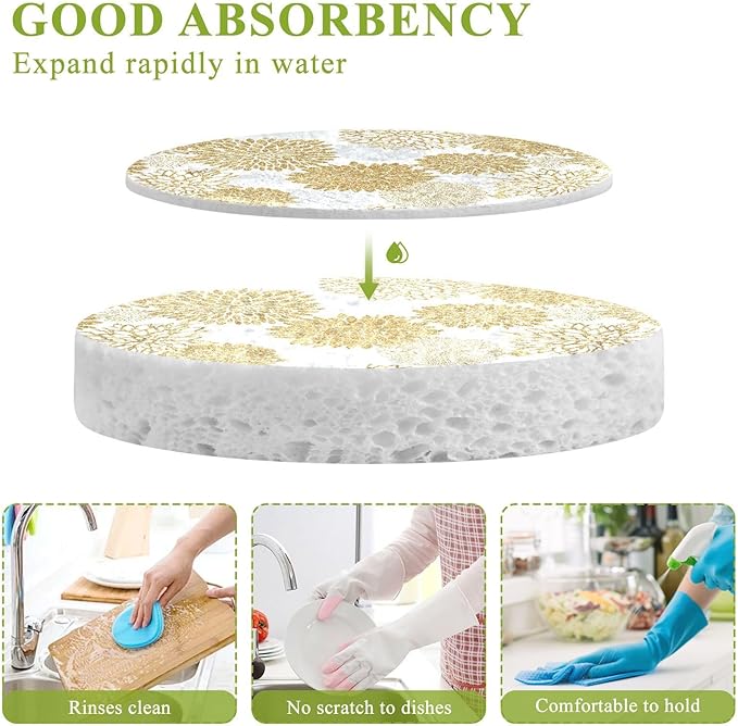 Kcldeci 3 Pack Kitchen Dish Scrub Sponge Pads Floral Gold Patterns Trendy Gold Glitter Scrubber Kitchen Sponges for Dishes Dishwashing Household Cleaning Sponges for Kitchen