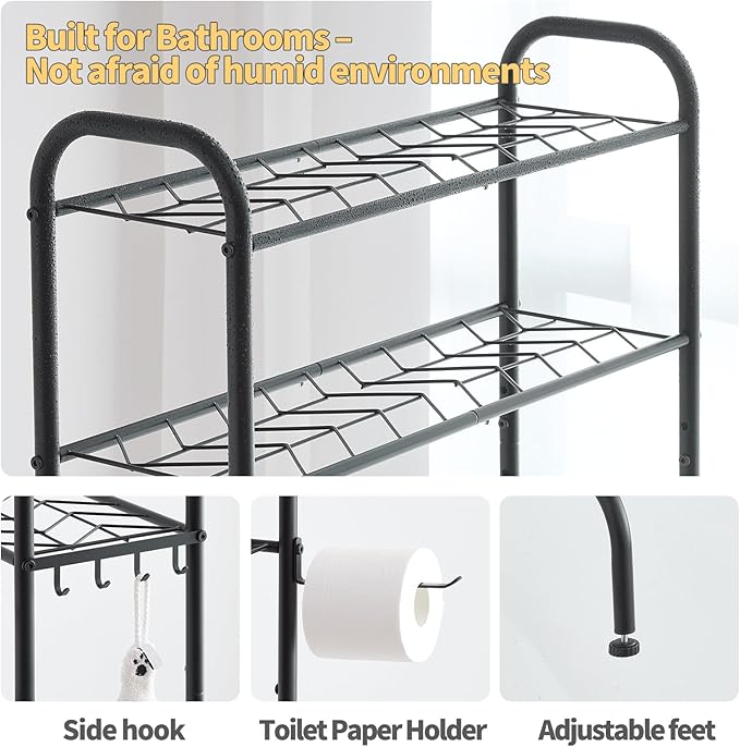 Over The Toilet Storage,3-Tier Heavy Duty Metal Bathroom Organizer, Freestanding Space Saver with Wide Shelves for Towels & Toilet Paper (Black)