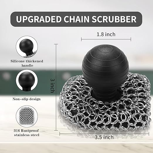 Cast Iron Scrubber with Pan Scraper, 316 Chainmail Scrubber, Upgraded Chain Mail Scrubber Sponge, Cast Iron Cleaner for Grill Pan Skillet Wok Carbon Steel, Dutch Oven Metal Brush Cleaning Kit, Black