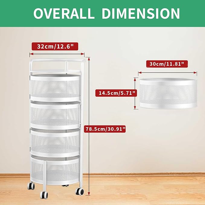 JAQ Rotating Storage Carts No Assembly, 4-Tier Round Storage Basket Rack Shelf Organizer on Rolling Wheels for Fruit Vegetables Grocery Corns Potato Onion Snack in Kitchen Pantry (4-Tier, White)