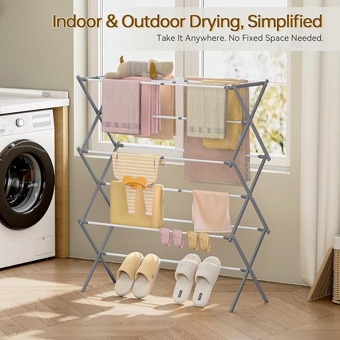 KINGBOARD Clothes Drying Rack, Collapsible Drying Rack Clothing with 11 Poles, 3-Tier Laundry Drying Rack, Small Clothes Drying Rack Foldable for Baby Clothes Sock Towel, 25lb Capacity, White & Grey