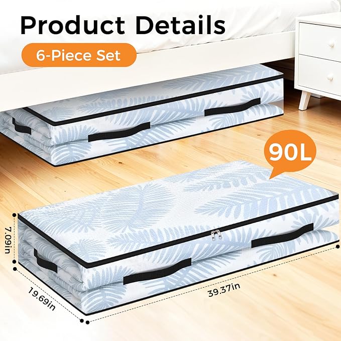 6 Pack Under Bed Storage Bags, 90L Foldable Clear Storage Containers with Handles, Dual Zippers for Comforter, Clothes, Bedding, Linen Sheets, Sweaters, Blanket Storage