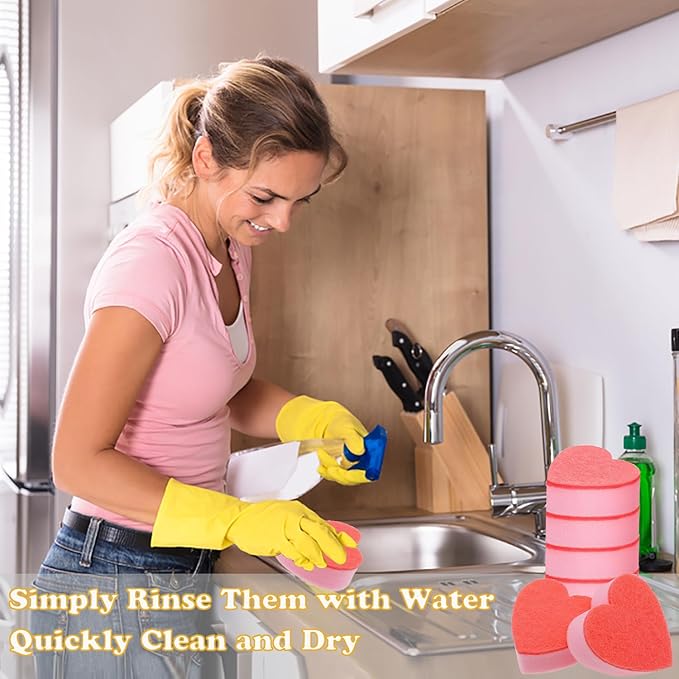 Heart Shaped Non-Scratch Scrub Sponge, Dual-Sided Cleaning Kitchen Sponge and Scrubber for Washing Dishes, Pots & Pans and Household Cleaning Supplies, 6 Scrubbing Sponges