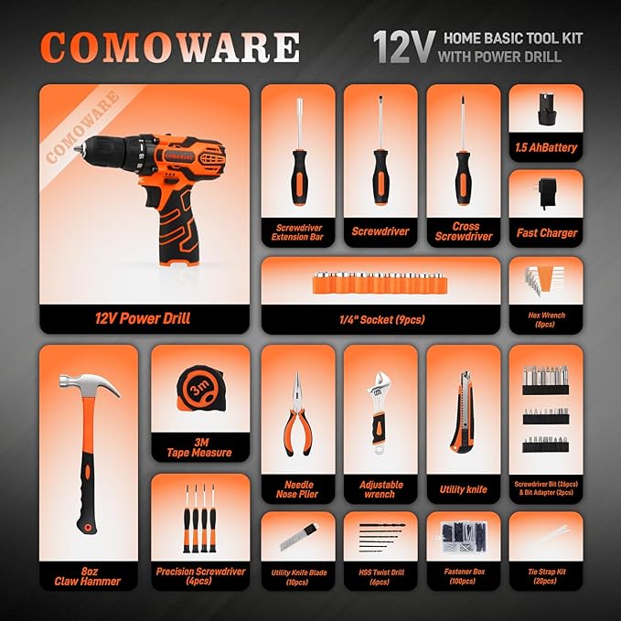 COMOWARE Household Tool Set with 12V Cordless Drill Driver, Hand Tool Kit for Men, Power Drill Set with Plastic Toolbox, Ideal for Office, Garden, DIY Project, Orange