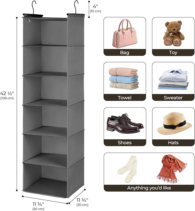 GRANNY SAYS 6 Shelf Hanging Closet Organizers and Storage, Collapsible Closet Hanging Organizer with 2 Sturdy Hooks, Large Hanging Shelves for Closet, Bedroom, Dark Gray