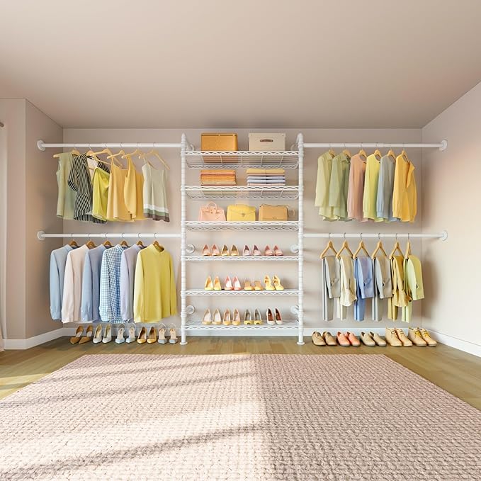 Timate S3X PLUS Closet System, Expandable Wall Mounted Closet with 6 Adjustable Shelves & 4 Expandable Hanger Rods, Industrial Pipe Clothing Rack for Hanging Clothes, Fits Spaces 6'11"- 9'10", White