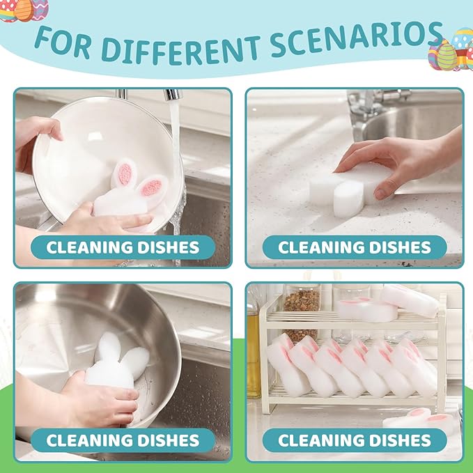 Tioncy 12 Pack Kitchen Sponges Bulk Dual Sided Scrubber Sponges Dishwashing Kitchen Cleaning Accessories for Household Supplies(Easter Bunny,White, Pink)