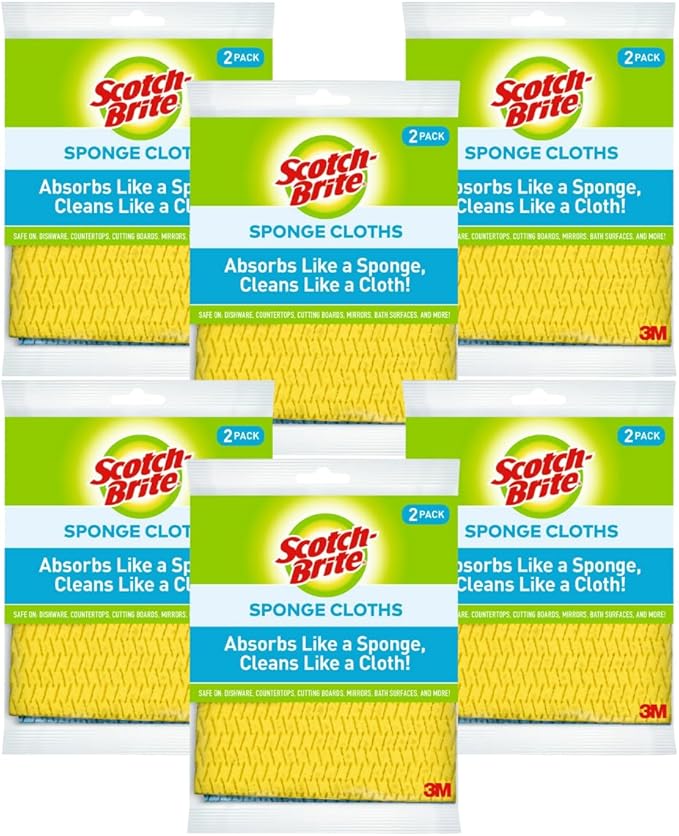 Scotch-Brite Sponge Cloth – 12-Pack (6 Packs of 2 Each), Reusable and Washable, Highly Absorbent, Multi-Purpose Cleaning Cloths