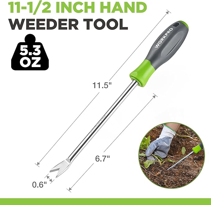 WORKPRO 11.5" Dandelion Weeder Puller Tool with Soft Handle, Polished Stainless Steel Garden Weed Remover Tool, Two-Pronged Fork Weeder Tool for Lawn Farmland Transplant Gardening Plant Tool