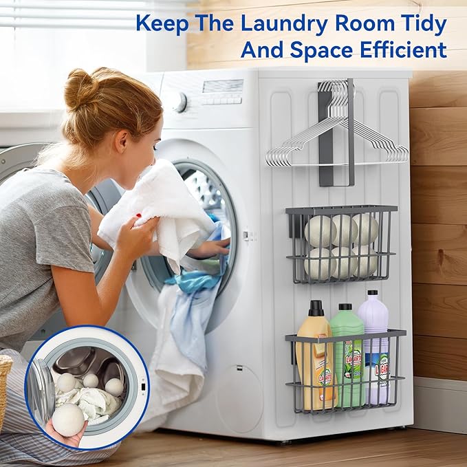 Laundry Room Organization and Storage Magnetic Dryer Ball Holder with Magnetic Hanger Holder, Magnetic Lint Bin for Washer Dryer, Iron Basket Dryer Ball Container, Magnetic Laundry Organizer (Gray)