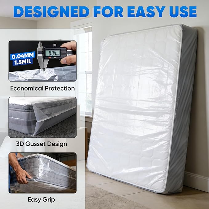 TICONN 2PK Plastic Mattress Bag for Moving Storage, Waterproof Mattress Protector Cover, Heavy-Duty Mattress Moving Supplies (1.5 mil, Queen)