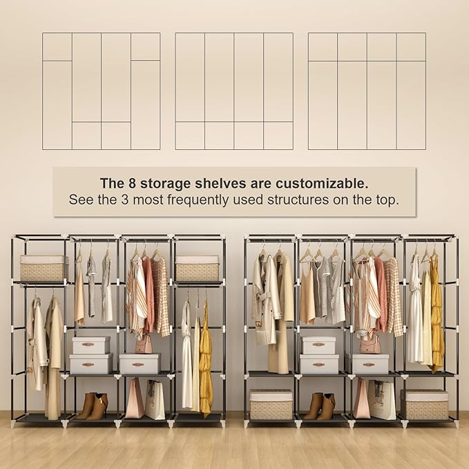MOGELAFOO Portable Closet Wardrobe, 67-Inch Clothes Organizer with 4 Hanging Rods and 8 Shelves, Non-Woven Fabric Cover, Large Capacity Storage for Bedroom and Living Room, Grey