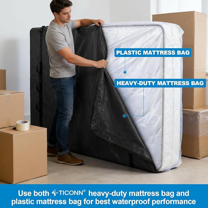 TICONN Mattress Bags for Moving, Heavy Duty Full XL Mattress Cover Storage Bag with Full-Around Handle and Adjustable Buckles (Black, Full XL)