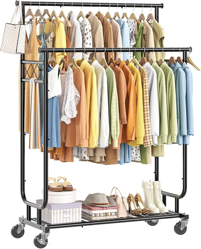 Ekisemio Heavy Duty Clothes Rack, Rolling Clothing Rack With Shelves Load 450 LBS, Double Rod Clothing Racks with Wheels for Hanging Clothes, Black