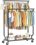Ekisemio Heavy Duty Clothes Rack, Rolling Clothing Rack With Shelves Load 450 LBS, Double Rod Clothing Racks with Wheels for Hanging Clothes, Black