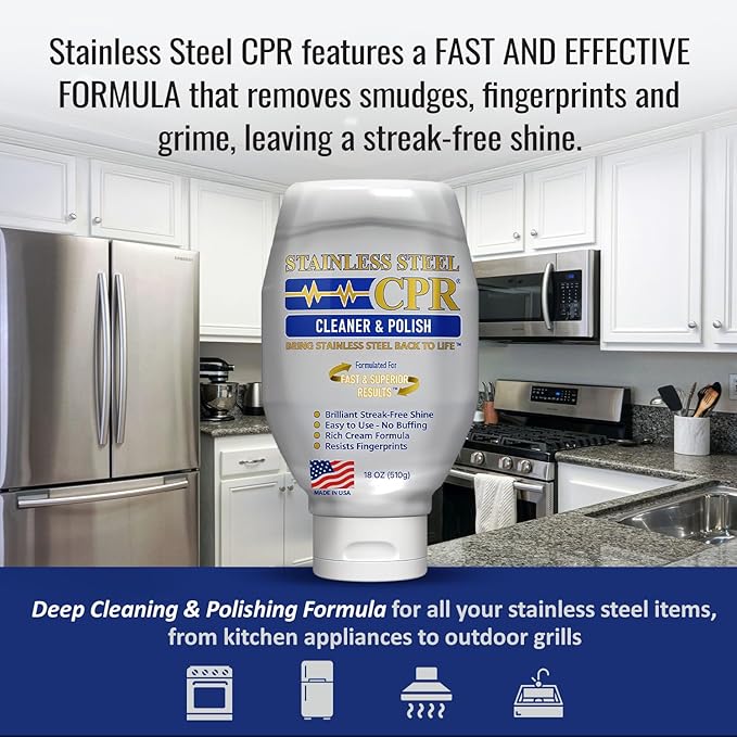 Stainless Steel CPR 18oz- 2-in-1 Kitchen Stainless Steel Cleaner and Polish for Appliances- Cleaner Removes Fingerprints, Water Marks and Grease. Refrigerator Cleaners, Stoves, & Dishwashers