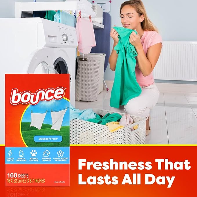 Bounce Dryer Sheets Laundry Fabric Softener Fresh Scent - Long Lasting Fresh Dry Cleaning Sheets for Tumble Dryer - Helps Reduce Wrinkles and Soften Fabrics, Repel Lint and Hair (160 Count)