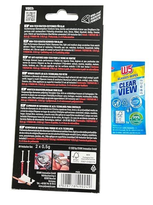 Polywatch Watch Crystal Glass polishing Paste with W5 Wipe Cleaner