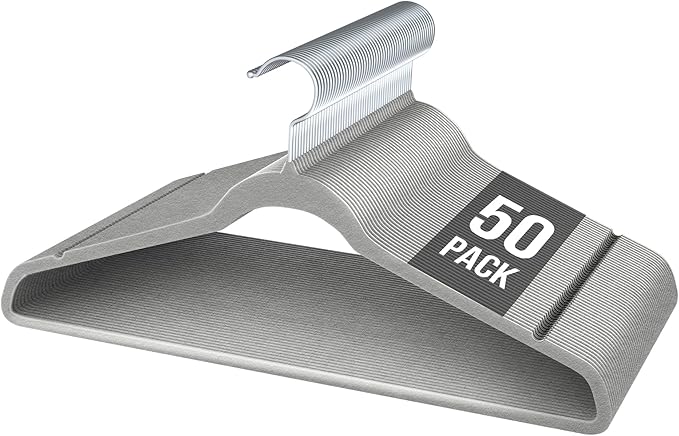 Velvet Hangers 50 Pack, Slim Non-Slip Clothes Hangers Space-Saving for Closet, Heavy Duty for Pants, Coats, Skirts, Jeans, Sweaters and More, Nylon-Flocked, Grey