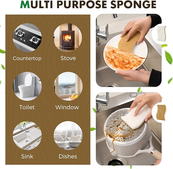 COBETE 12 Pack Natural Biodegradable Kitchen Non Scratch Sponges,Compostable Plant Based Coconut Cellulose Sponge,Eco Friendly Reusable Dish Scrubber Sponge for Pots, Pans & Household Cleaning