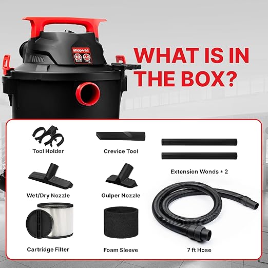Shop-Vac 5430115 Wet/Dry Vacuum, 10 Gallon, Black, 4.5 Peak HP, 1-7/8 Inch Diameter x 7 ft Hose, 15 ft Cord, Ideal for Jobsite, Garage, Workshop & Home