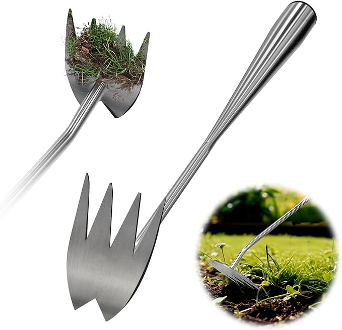 Gardening Hand Weeder Tools, 2025 New Weeding Artifact Uprooting Weeding Tool, 4-Teeth Garden Weed Puller Tool Stainless Steel Manual Weeders for Digging, Weed Removal