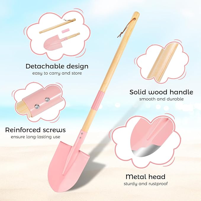 2 Pack Beach Shovels for Kids, 27.2" Long Detachable Kids Shovel with Wood Handle Metal Spade Sand Shovels for Digging Sand Gardening Beach Play Tool for Kids Adults Gifts (Pink)
