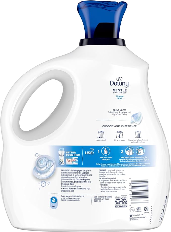 Downy Gentle Soft + Fresh Fabric Softener Liquid, Ocean Mist Scent, 93 FL OZ, 138 loads, Liquid Fabric Softener Designed to be Gentle on Skin