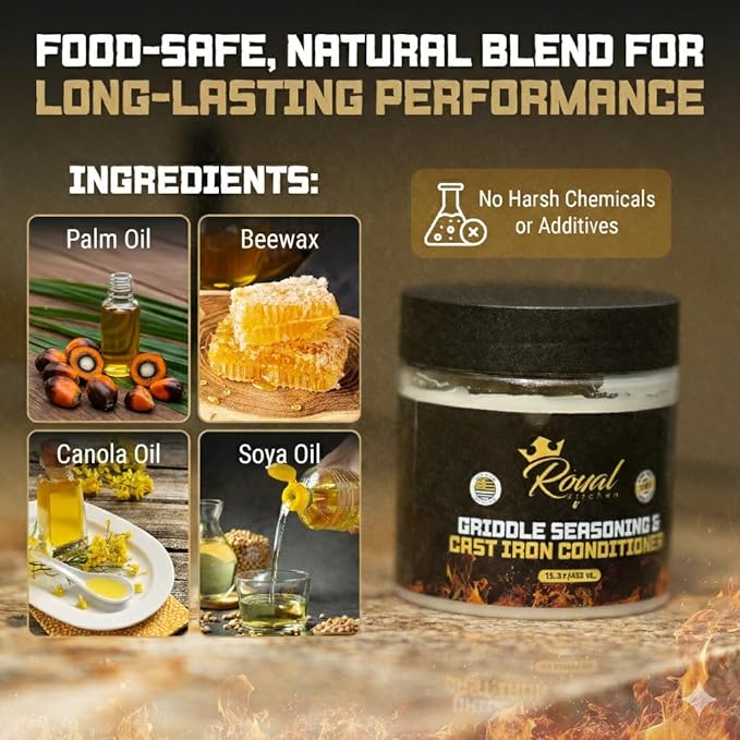 Royal Kitchen Cast Iron & Carbon Steel Seasoning Conditioner 2-IN-1 | Effective For Restoring, Protecting & Conditioning Blackstone Griddle, Cast Iron and Dutch Oven Cookware Food Safe and easy to use conditioner (15.3 Ounce (Pack of 1))