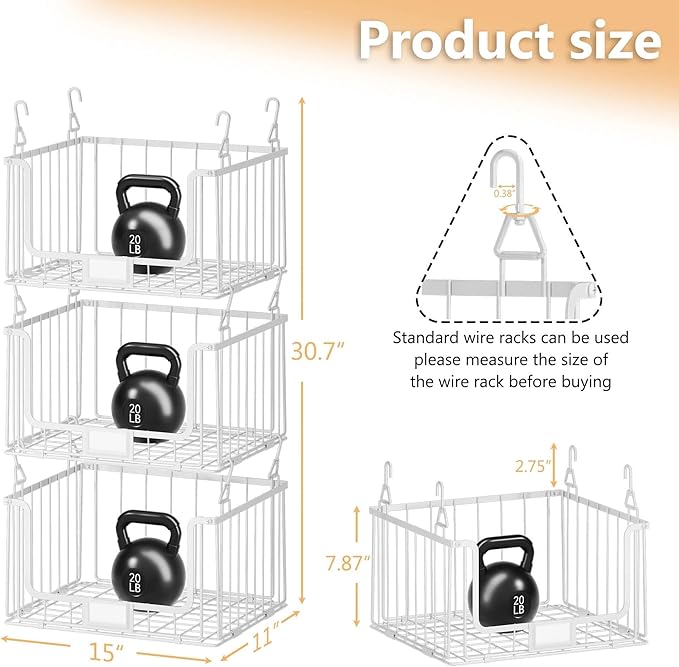 3-Pack Hanging Laundry Organizer, Stackable Wire Shelf Storage with Label Cards, Foldable Metal Baskets with 360 Rotating Hooks, Space-Saving for Laundry Room, Closet & Pantry, 11"15" Large, White