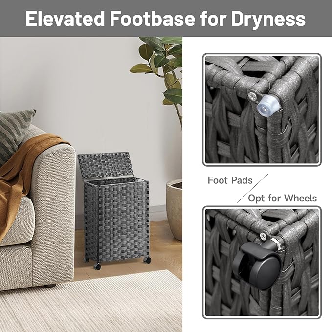 Hiagnete Toilet Paper Storage Basket with Lid and Wheels, Rattan Toilet Paper Holder Storage, Toilet Paper Organizer for Bathroom, Bedroom, Kitchen, 12.6”L x 7.1”W x 17.14”H, Grey