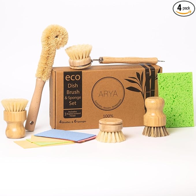 Wooden Dish Brush Set | 4 Kitchen Washing Up Brushes & One Replacement Head | Bamboo & Natural Fibers | Eco Friendly Wooden Pot Brush Scourer Scrubber Sponge Alternative