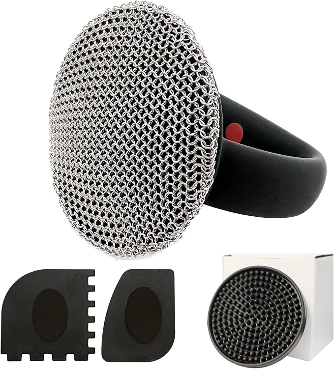 MEIXINZHI Cast Iron Cleaner, Chain Mail Scrubber & Pan Grill Scrapers - 2 in 1 Cast Iron Skillet Cleaner (Black, with mat)