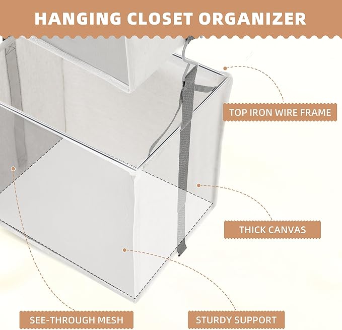 STORAGE MANIAC 2-Shelf Hanging Closet Organizer, Cloth Hanging Closet Shelf, Hanging Closets Baskets with Hooks for Dorm, Apt, Bedroom, College, Garment Rack, Wardrobe, Fabric with Mesh, Ivory