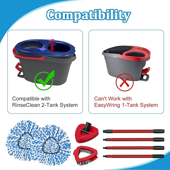 Spin Mop Handle, Mop Heads Replacements,Scrubber Brush and Mop Base Compatible with Ocedar RinseClean 2-Tank System, Mop Handle and Head Replacement Combo Set for Wet Dry Use Floor Cleaning